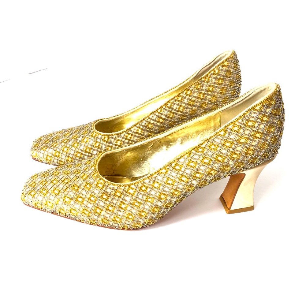 Nina Beaded Heel Golden Weddings Cover Shoe. Sz Medium. Classy Rare